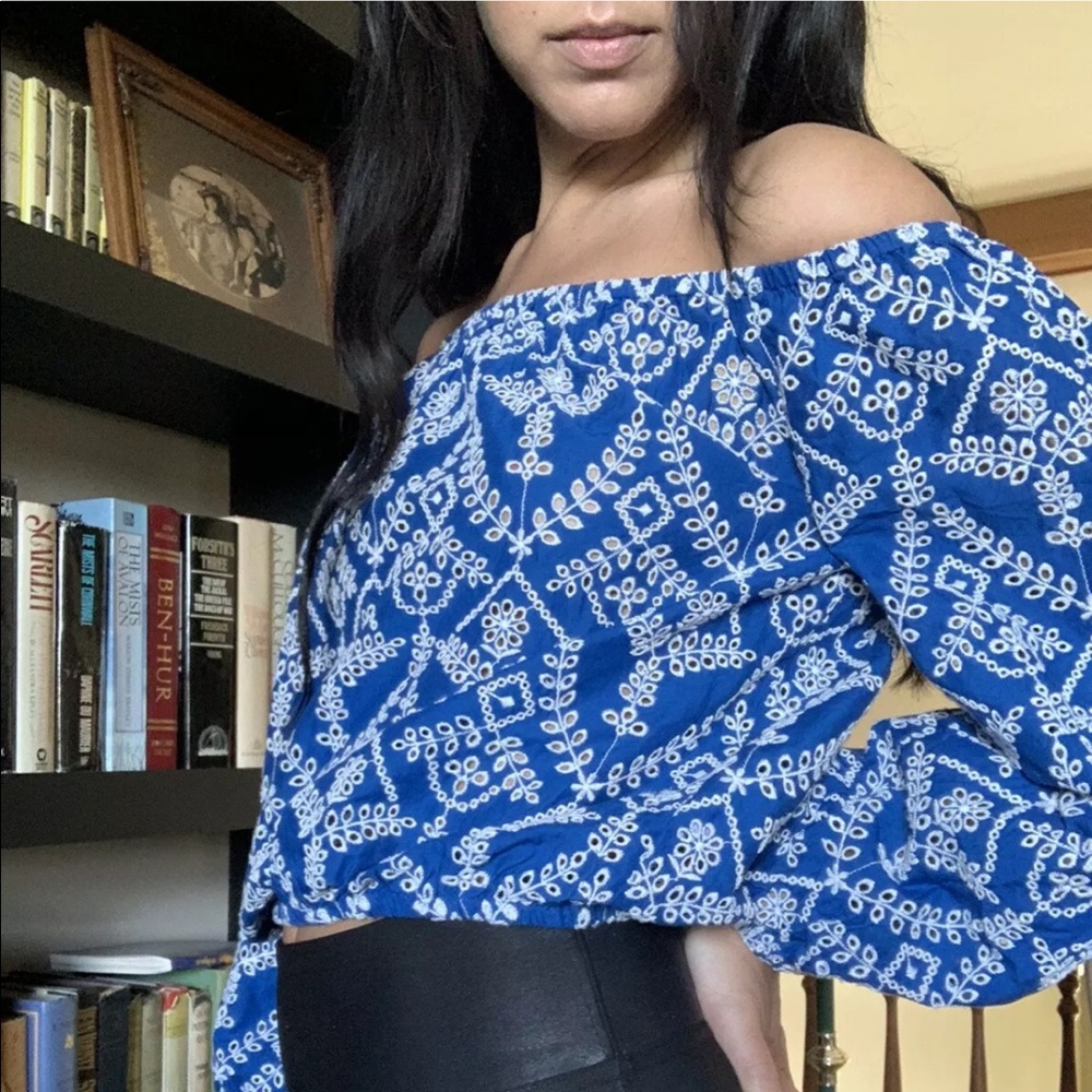 Bright Blue Eyelet Off the Shoulder Bubble Top - Picture 3 of 5